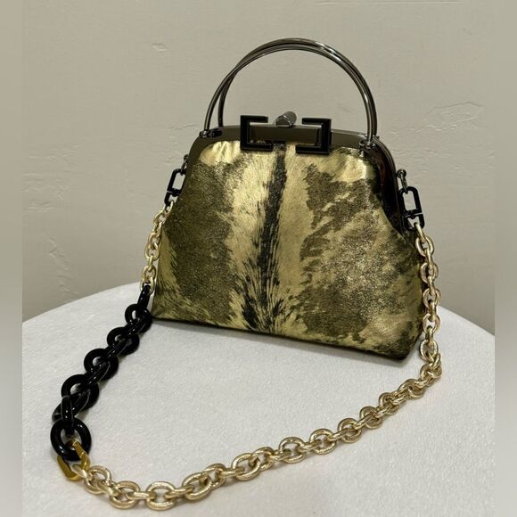 Handmade Gold Metallic Natural Hair-On Calfskin Top Handle Bag/Multi Way Use - Picture 7 of 16